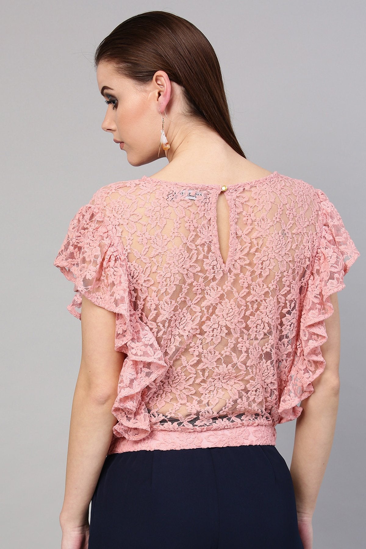 Women's Peach Lace Frill Crop Top