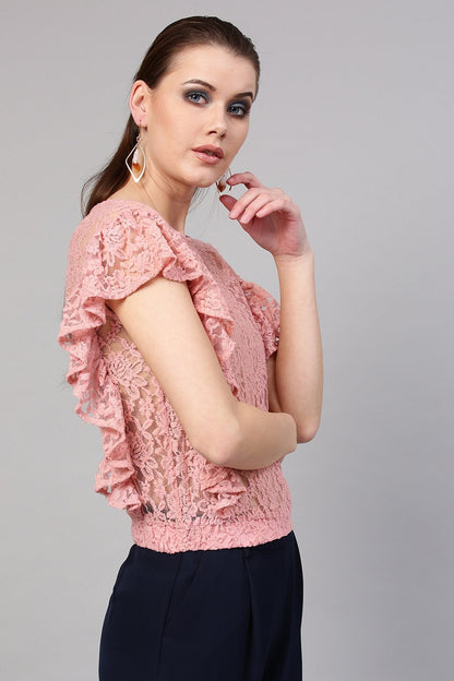 Women's Peach Lace Frill Crop Top