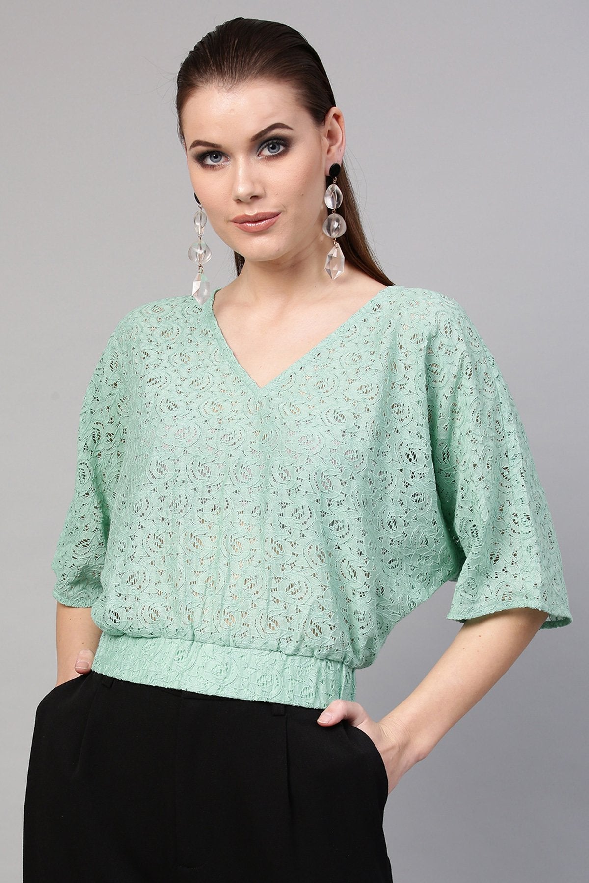 Women's Mint Blue Kimono Lace Crop Top