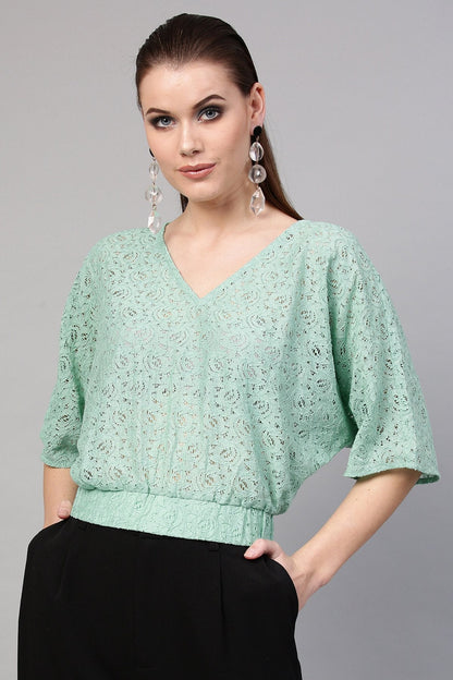 Women's Mint Blue Kimono Lace Crop Top