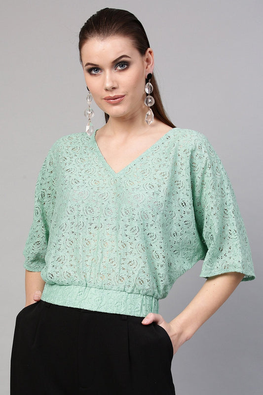 Women's Mint Blue Kimono Lace Crop Top