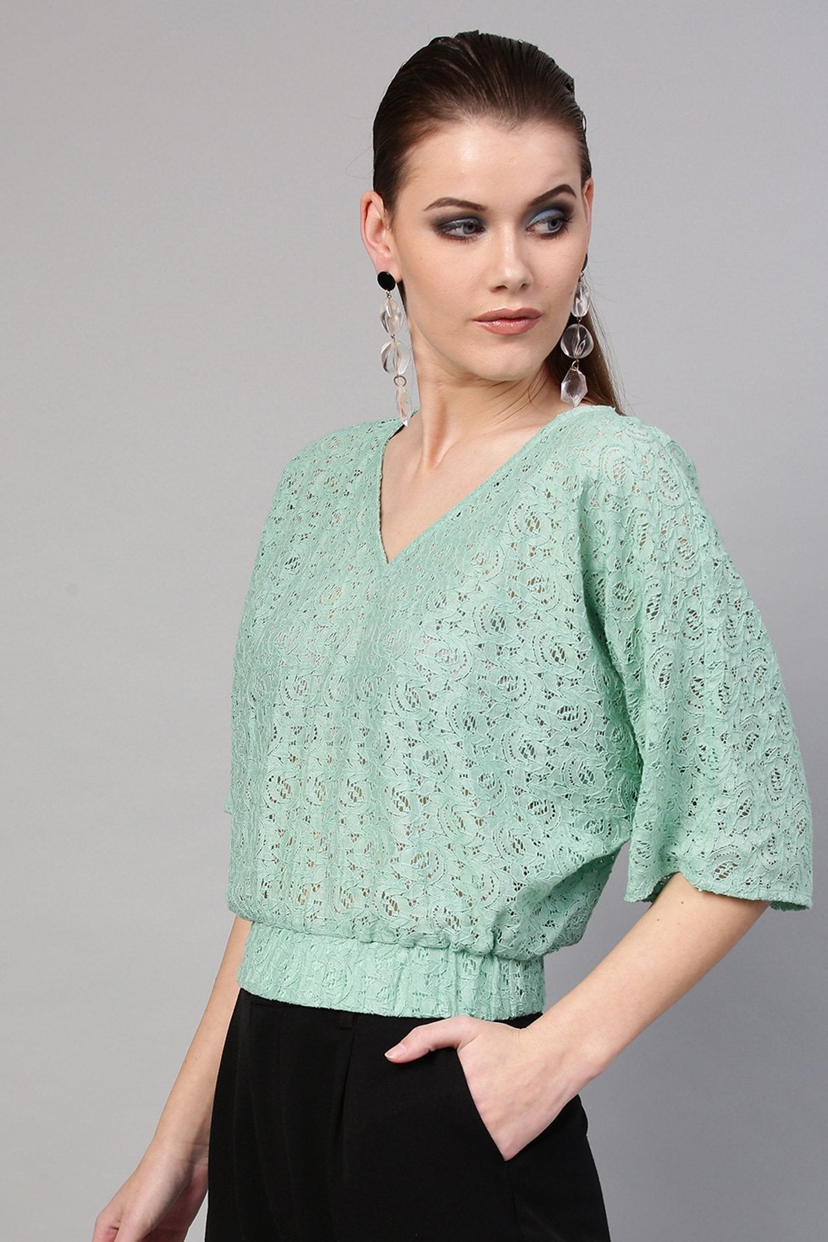 Women's Mint Blue Kimono Lace Crop Top