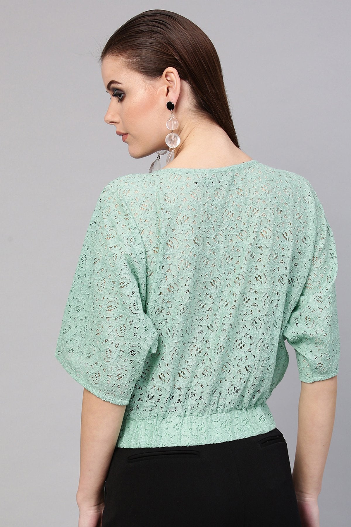 Women's Mint Blue Kimono Lace Crop Top