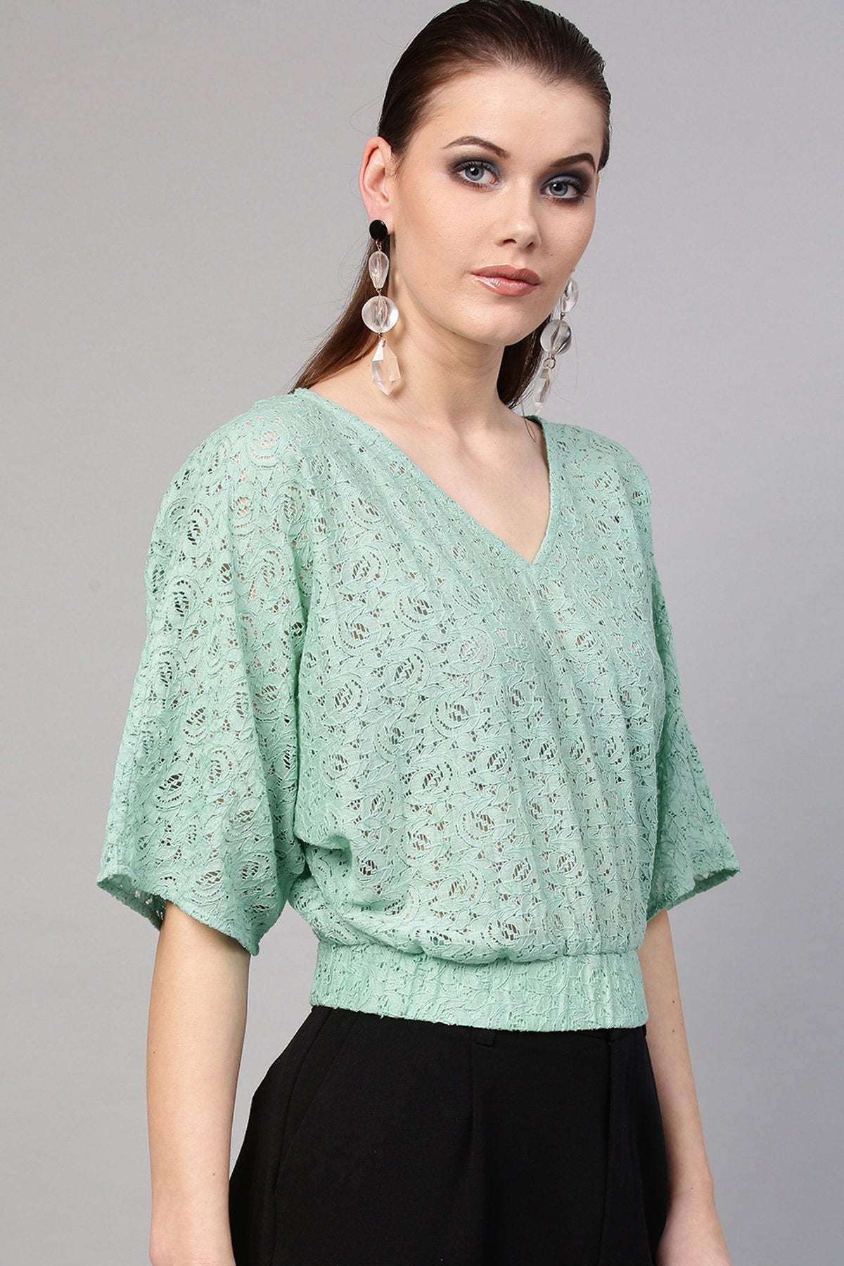 Women's Mint Blue Kimono Lace Crop Top
