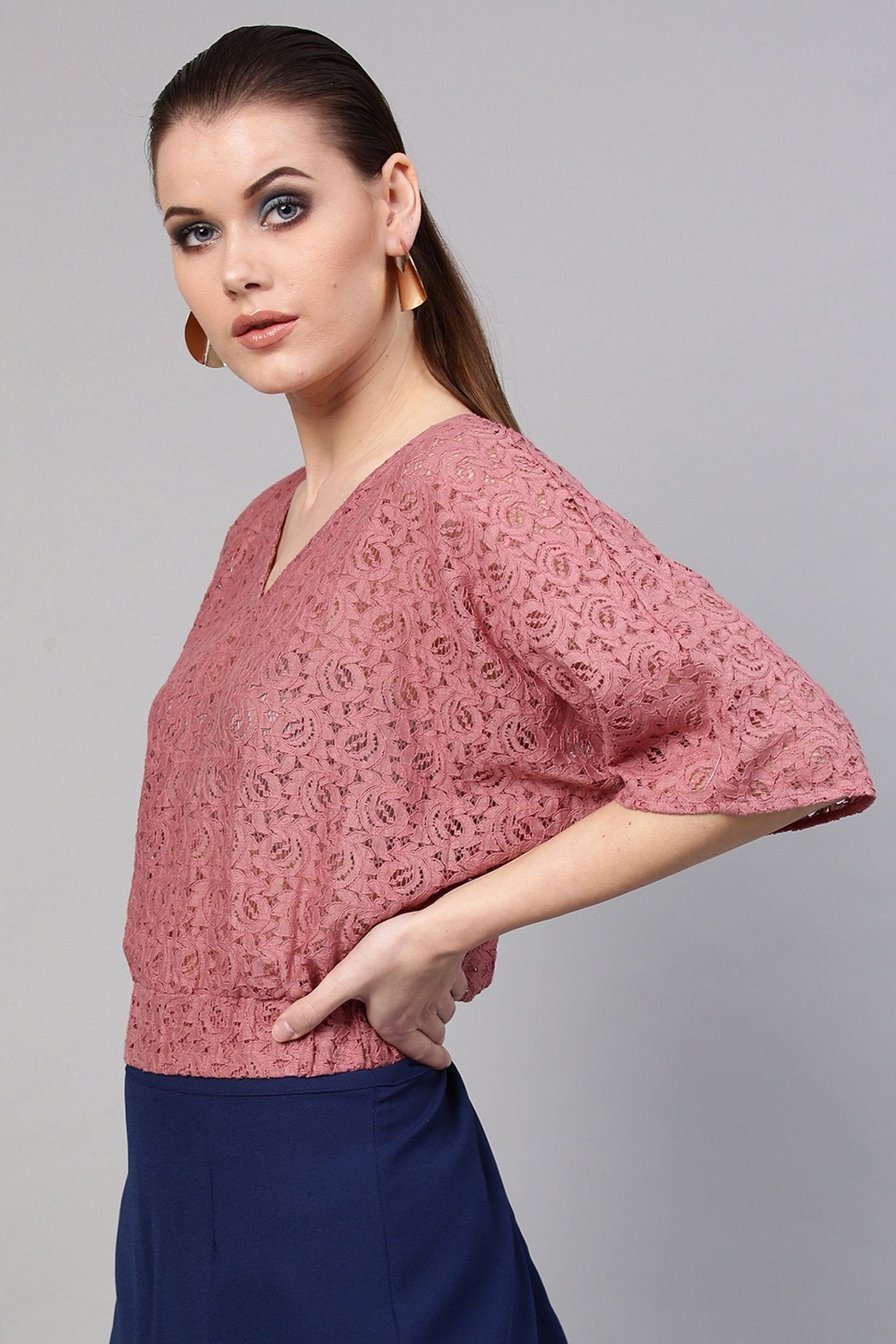 Women's Onion Pink Kimono Lace Crop Top