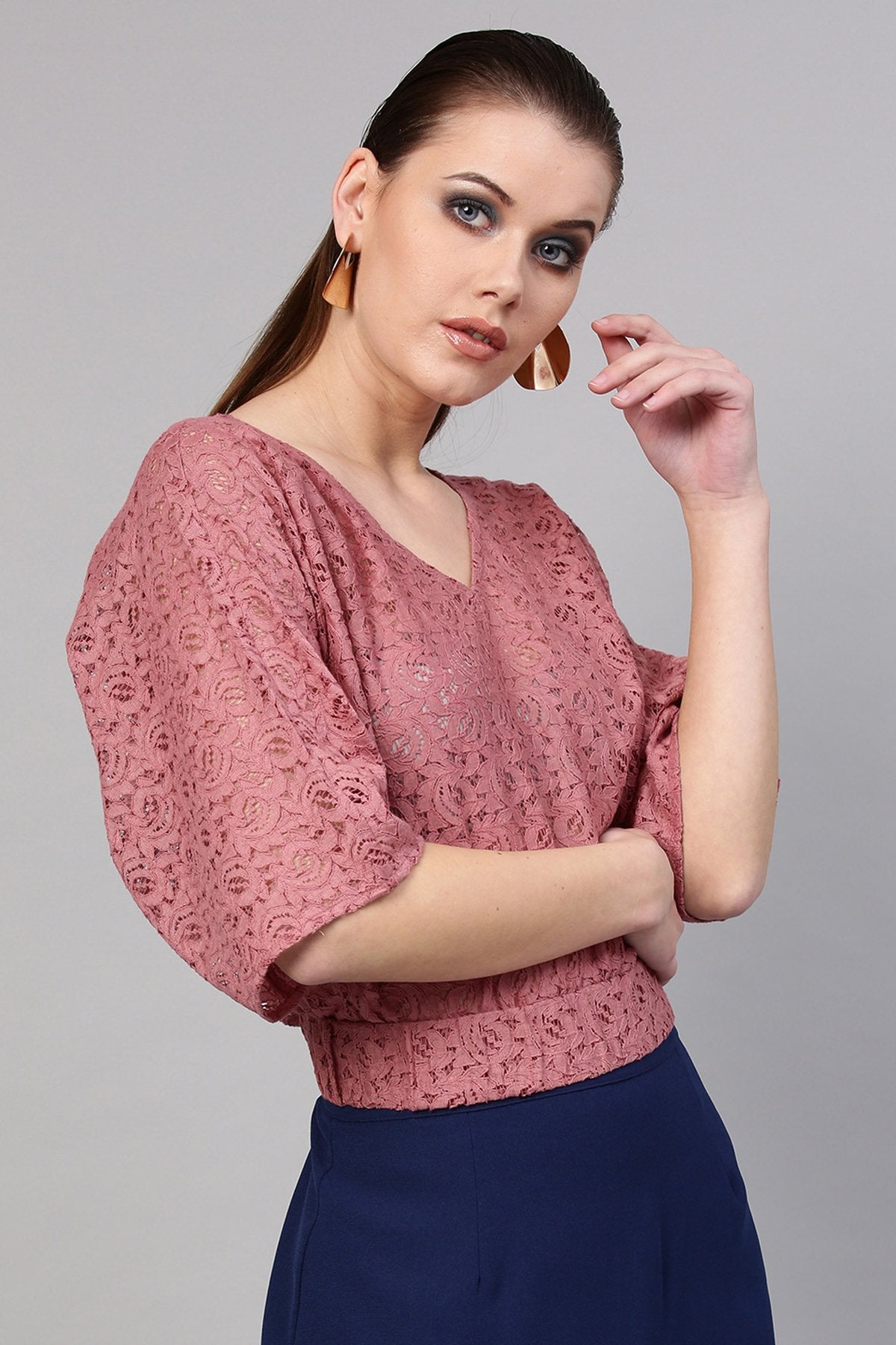 Women's Onion Pink Kimono Lace Crop Top