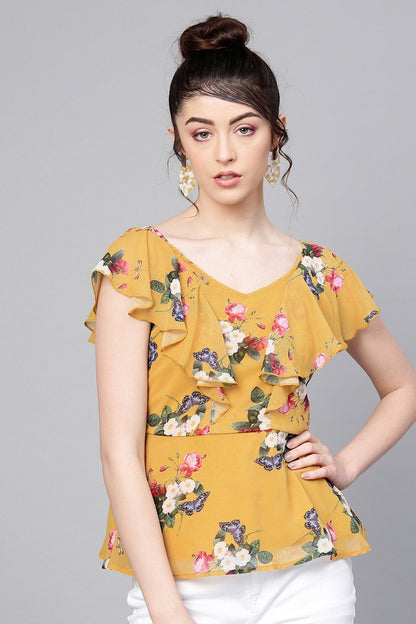 Women's Mustard Floral Sweetheart Neck Top