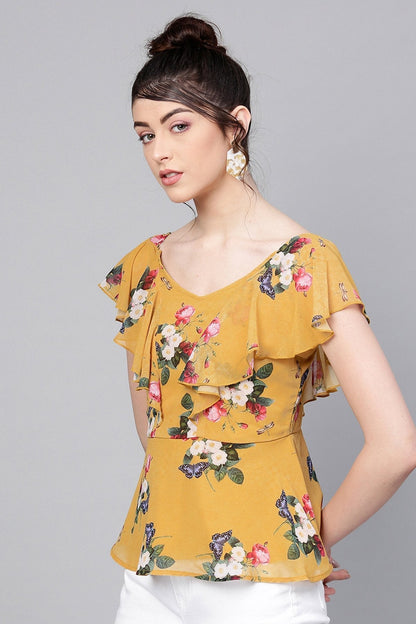 Women's Mustard Floral Sweetheart Neck Top