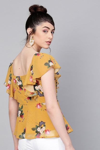 Women's Mustard Floral Sweetheart Neck Top