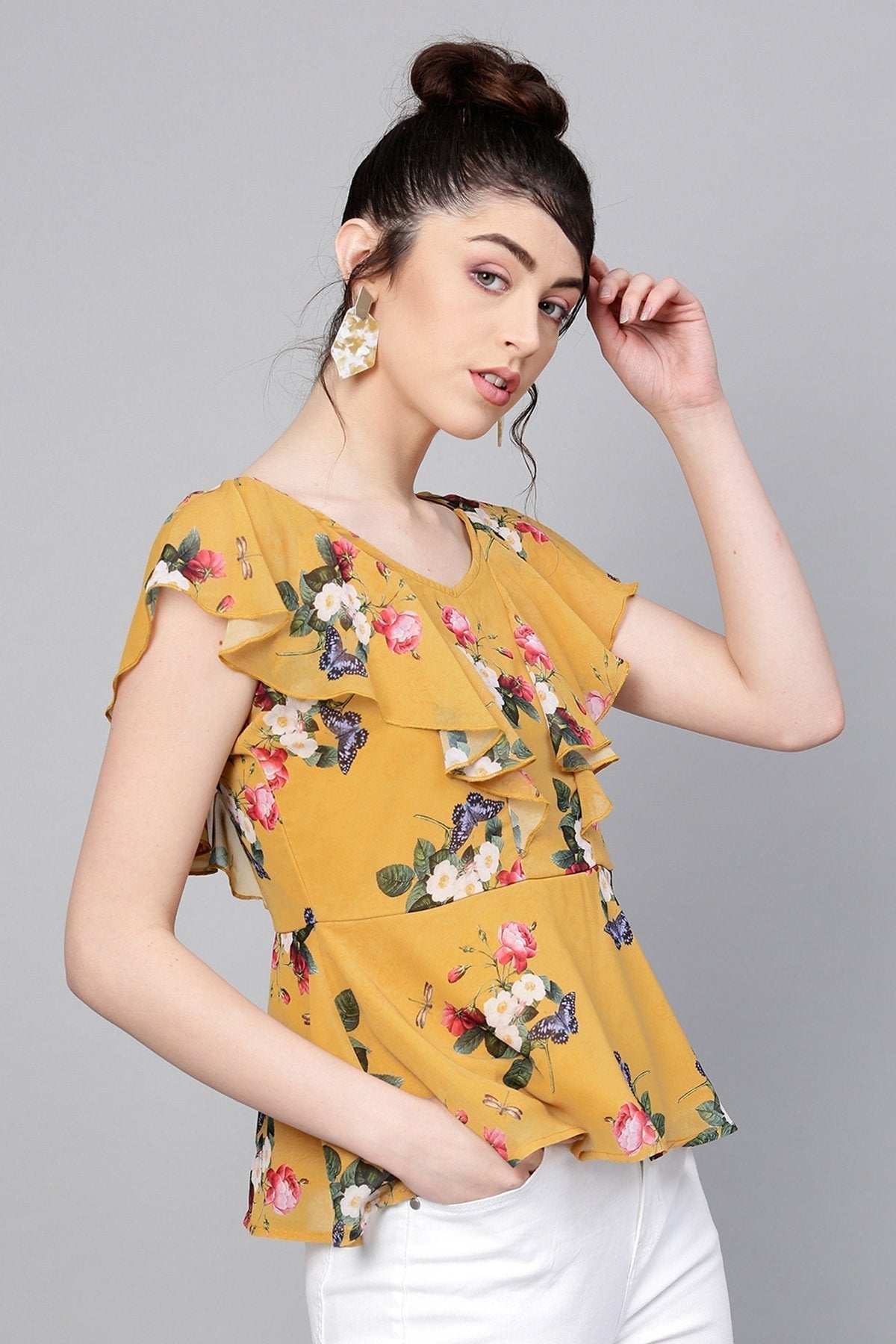 Women's Mustard Floral Sweetheart Neck Top