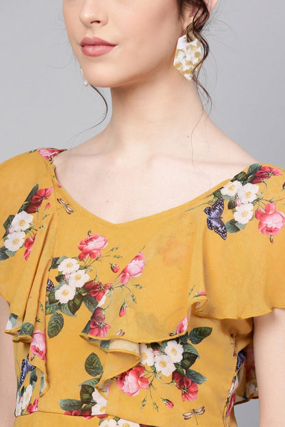 Women's Mustard Floral Sweetheart Neck Top