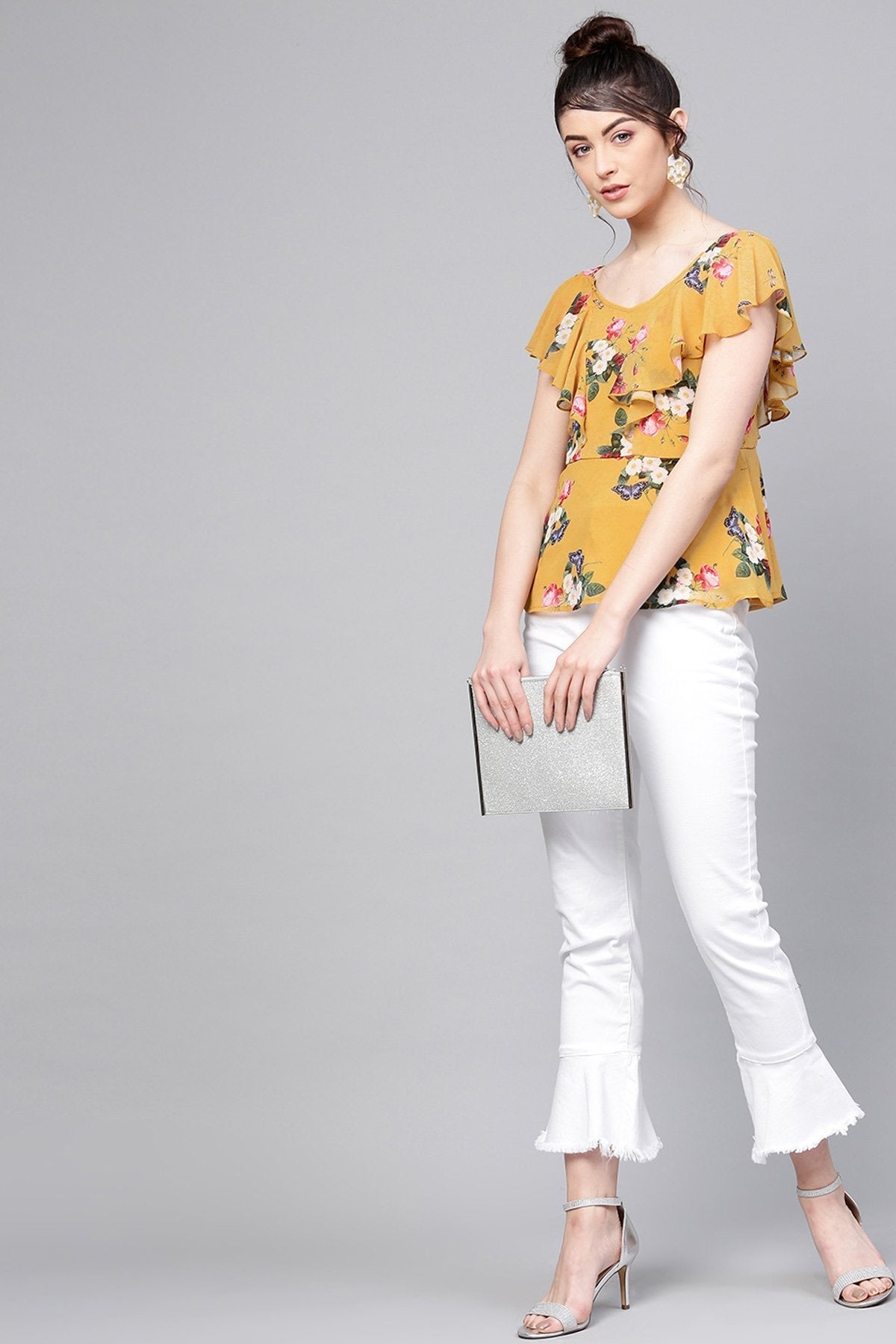 Women's Mustard Floral Sweetheart Neck Top