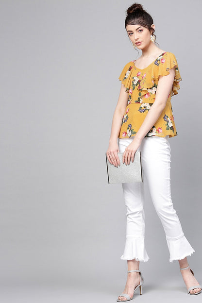 Women's Mustard Floral Sweetheart Neck Top