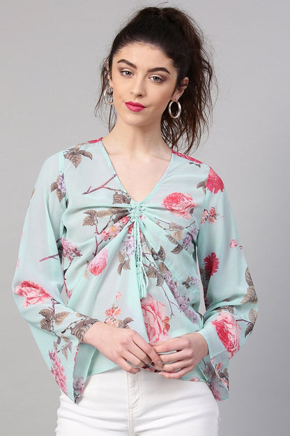 Women's Aqua Floral Ruched Front Top