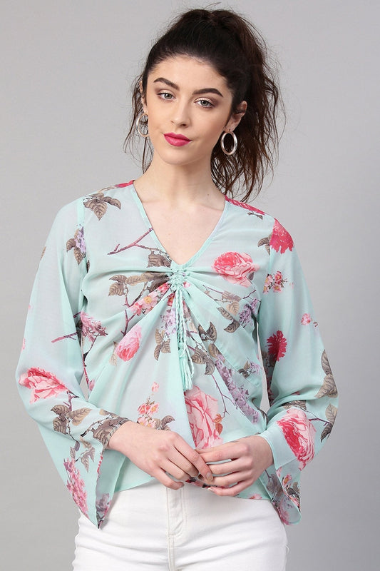 Women's Aqua Floral Ruched Front Top