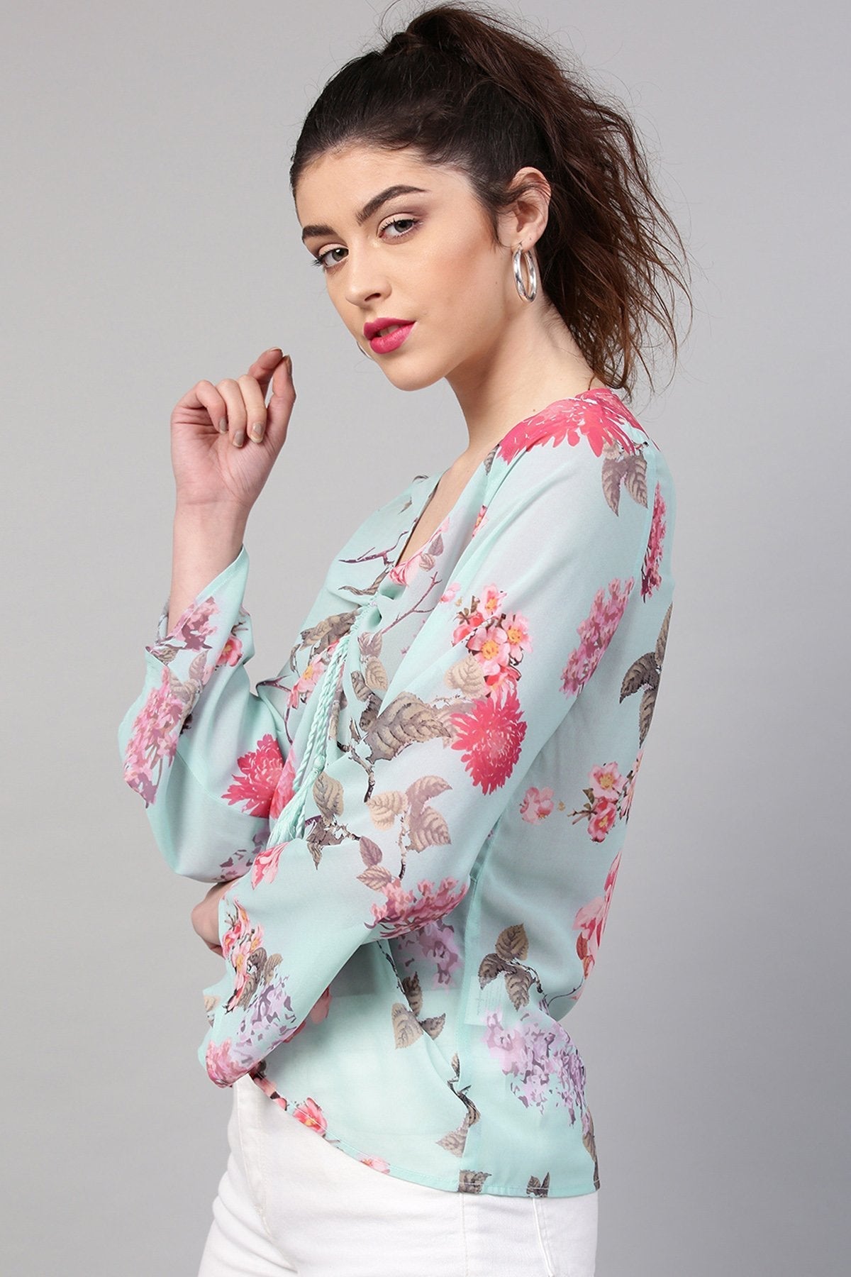 Women's Aqua Floral Ruched Front Top