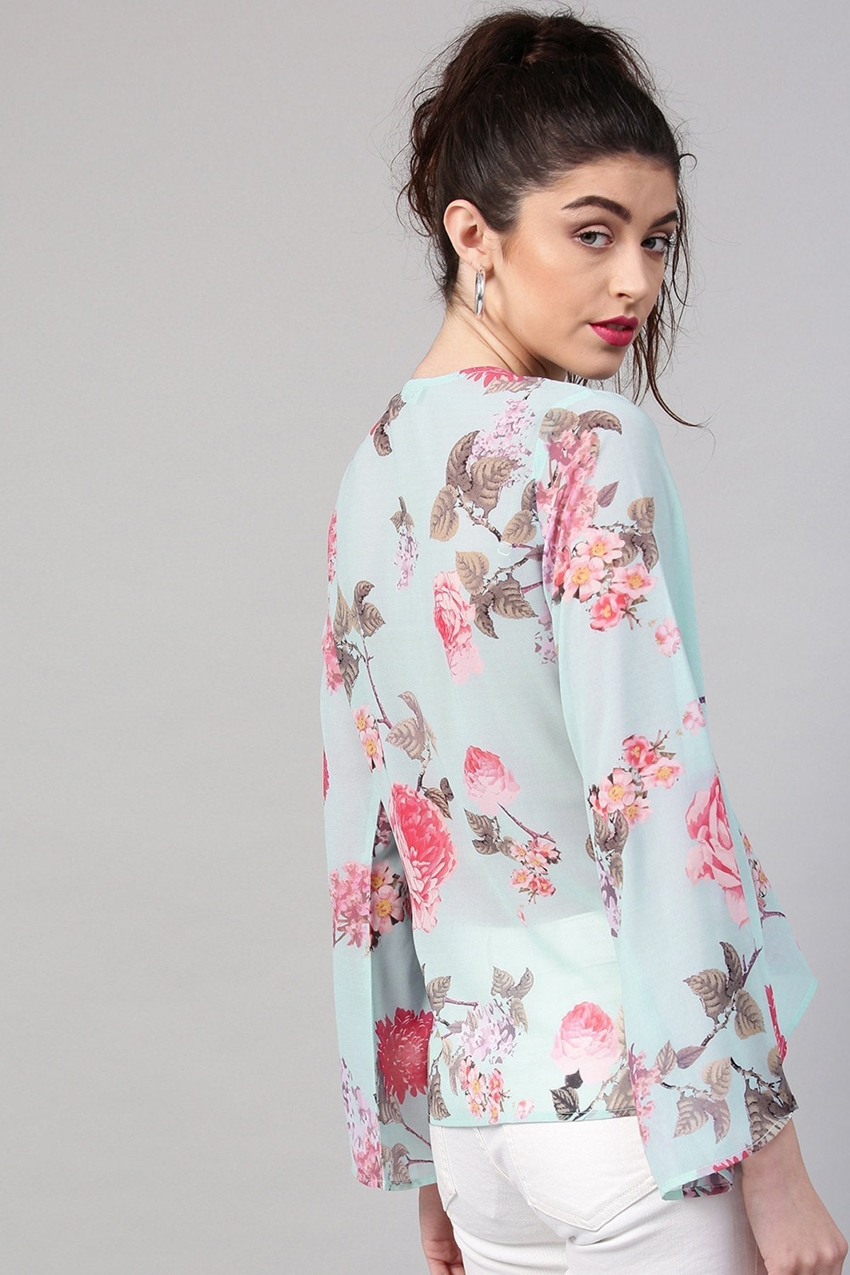 Women's Aqua Floral Ruched Front Top