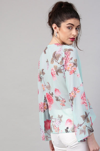 Women's Aqua Floral Ruched Front Top