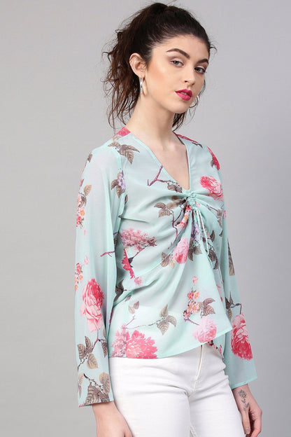 Women's Aqua Floral Ruched Front Top