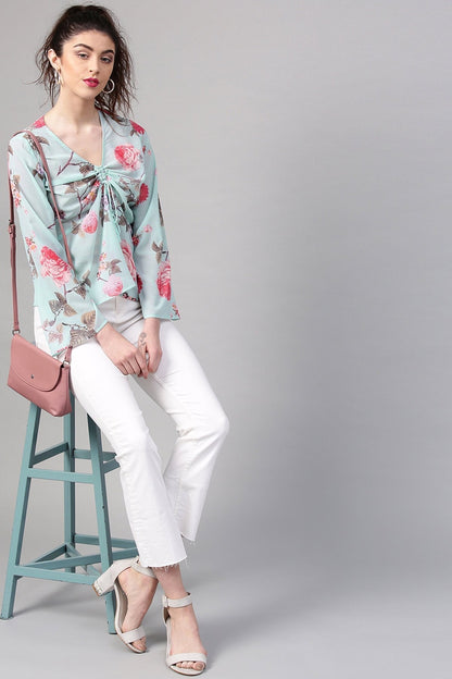 Women's Aqua Floral Ruched Front Top