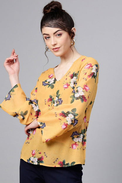 Women's Mustard Floral Ruched Front Top
