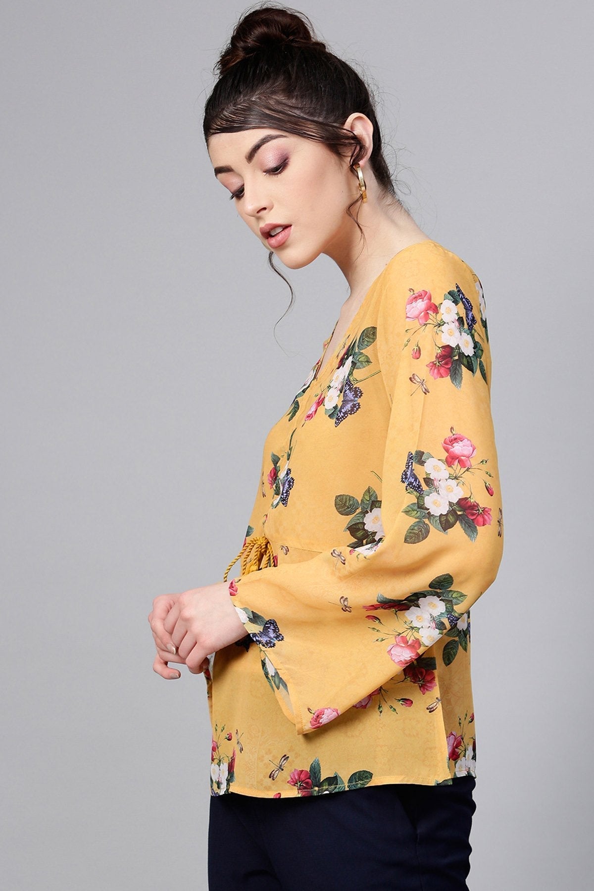 Women's Mustard Floral Ruched Front Top