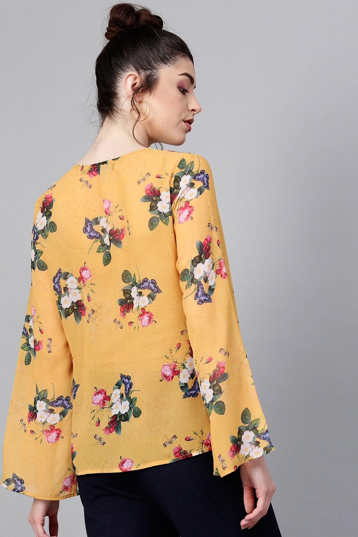 Women's Mustard Floral Ruched Front Top