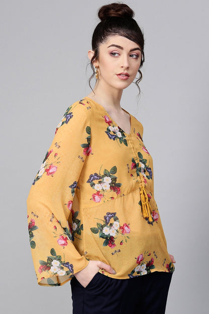 Women's Mustard Floral Ruched Front Top