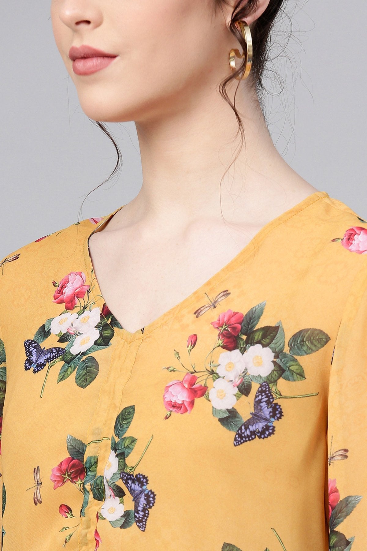 Women's Mustard Floral Ruched Front Top