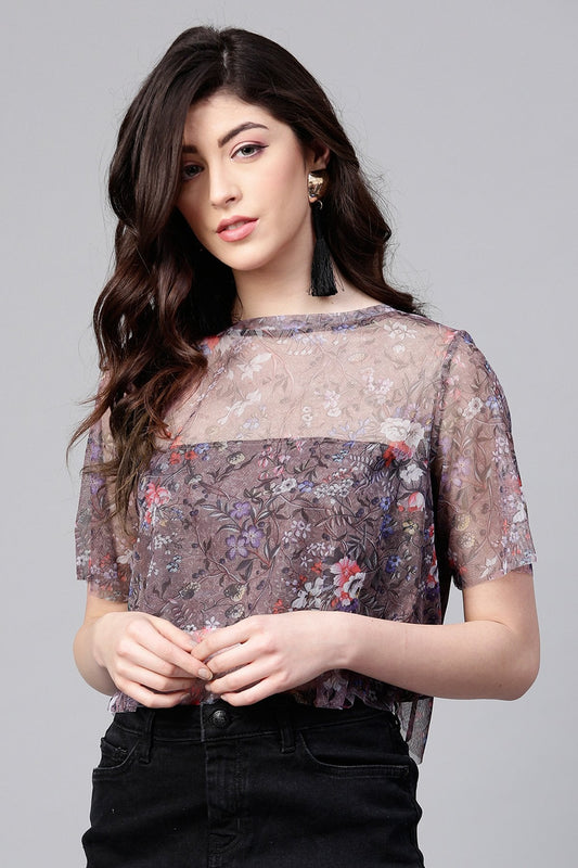 Women's Brown Mesh Floral Boxy Crop Top