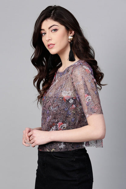 Women's Brown Mesh Floral Boxy Crop Top