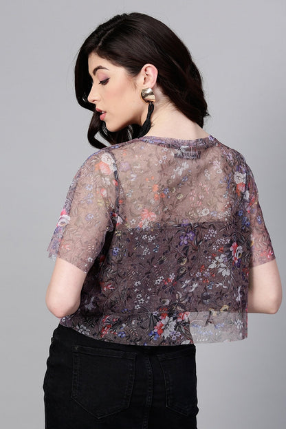 Women's Brown Mesh Floral Boxy Crop Top