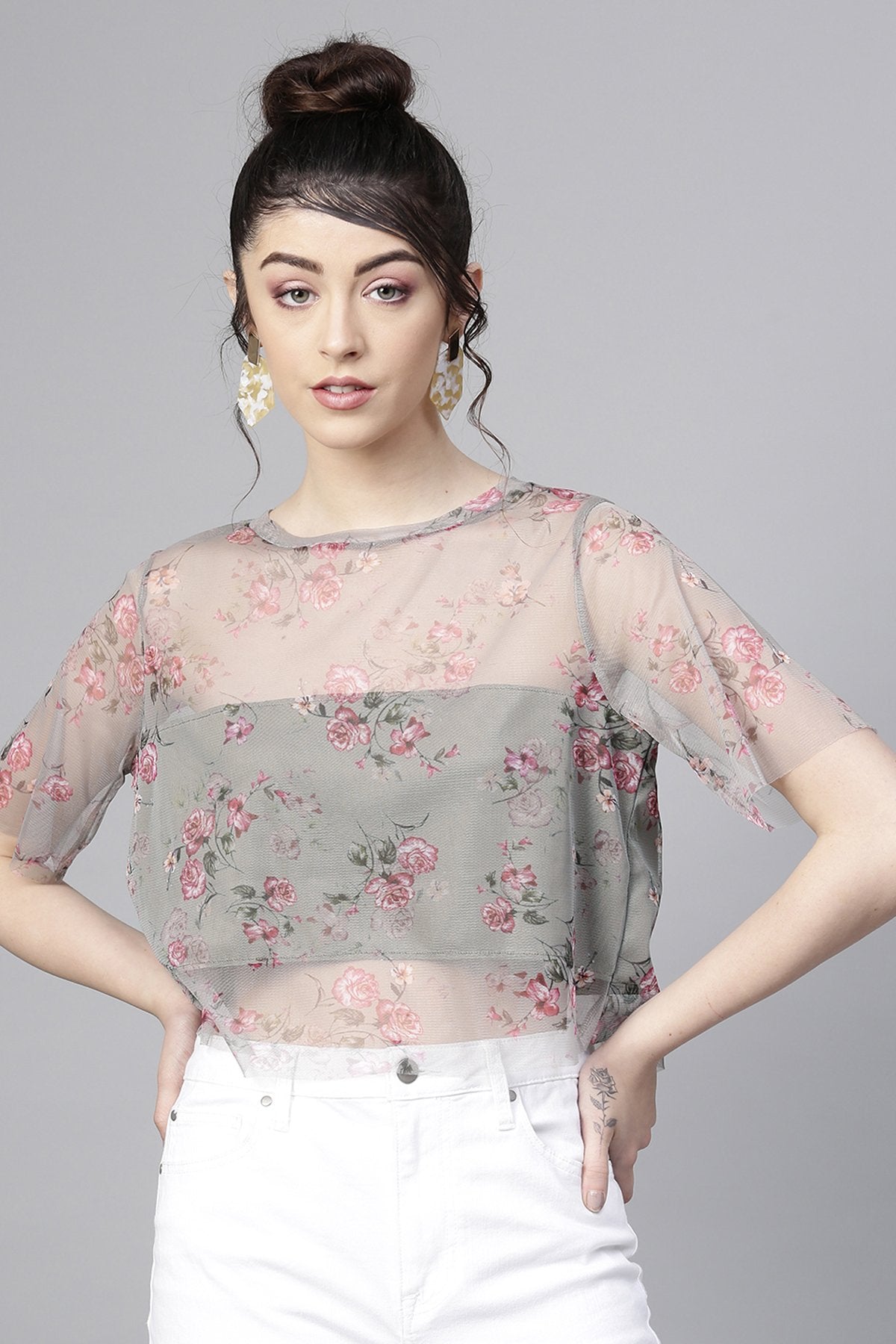 Women's Olive Mesh Floral Boxy Crop Top