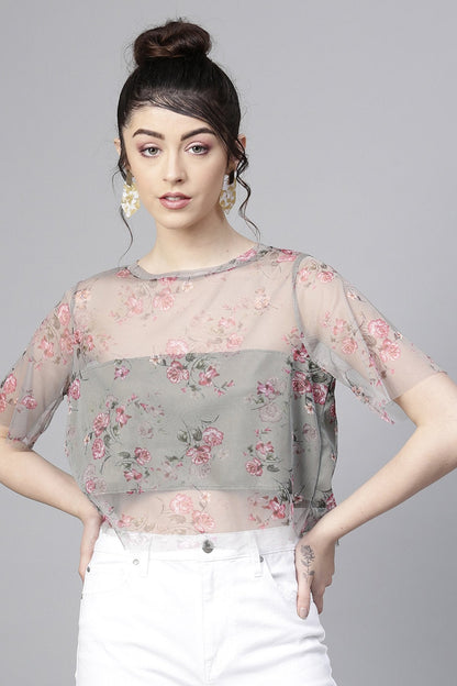 Women's Olive Mesh Floral Boxy Crop Top