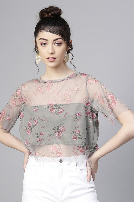 Women's Olive Mesh Floral Boxy Crop Top