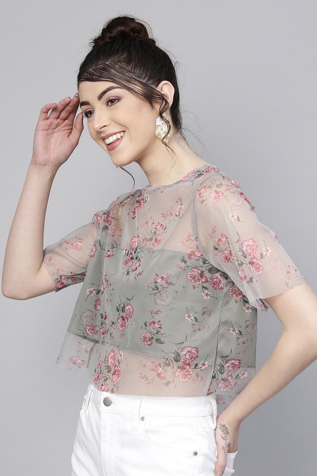 Women's Olive Mesh Floral Boxy Crop Top