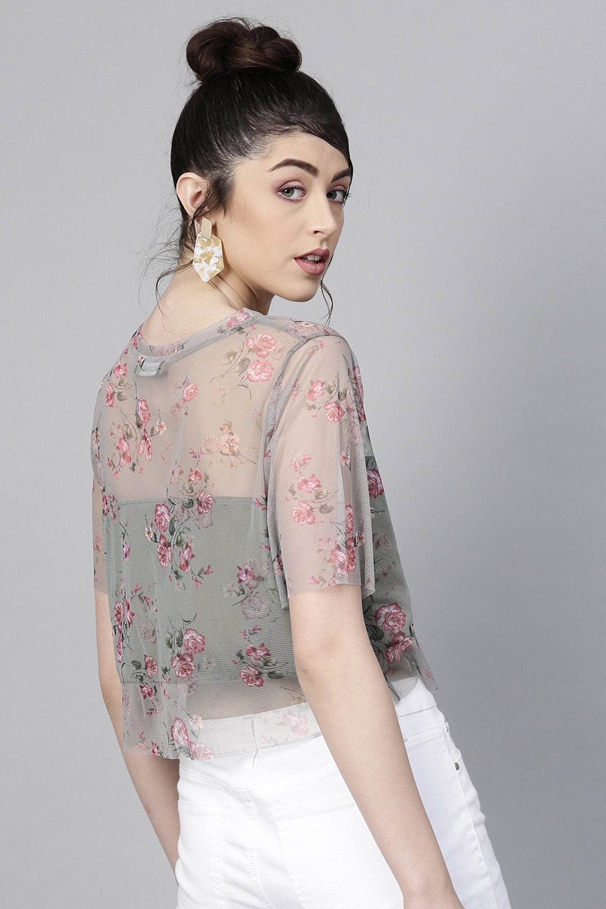 Women's Olive Mesh Floral Boxy Crop Top