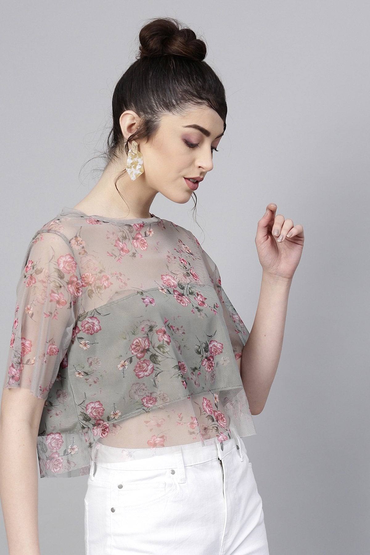 Women's Olive Mesh Floral Boxy Crop Top