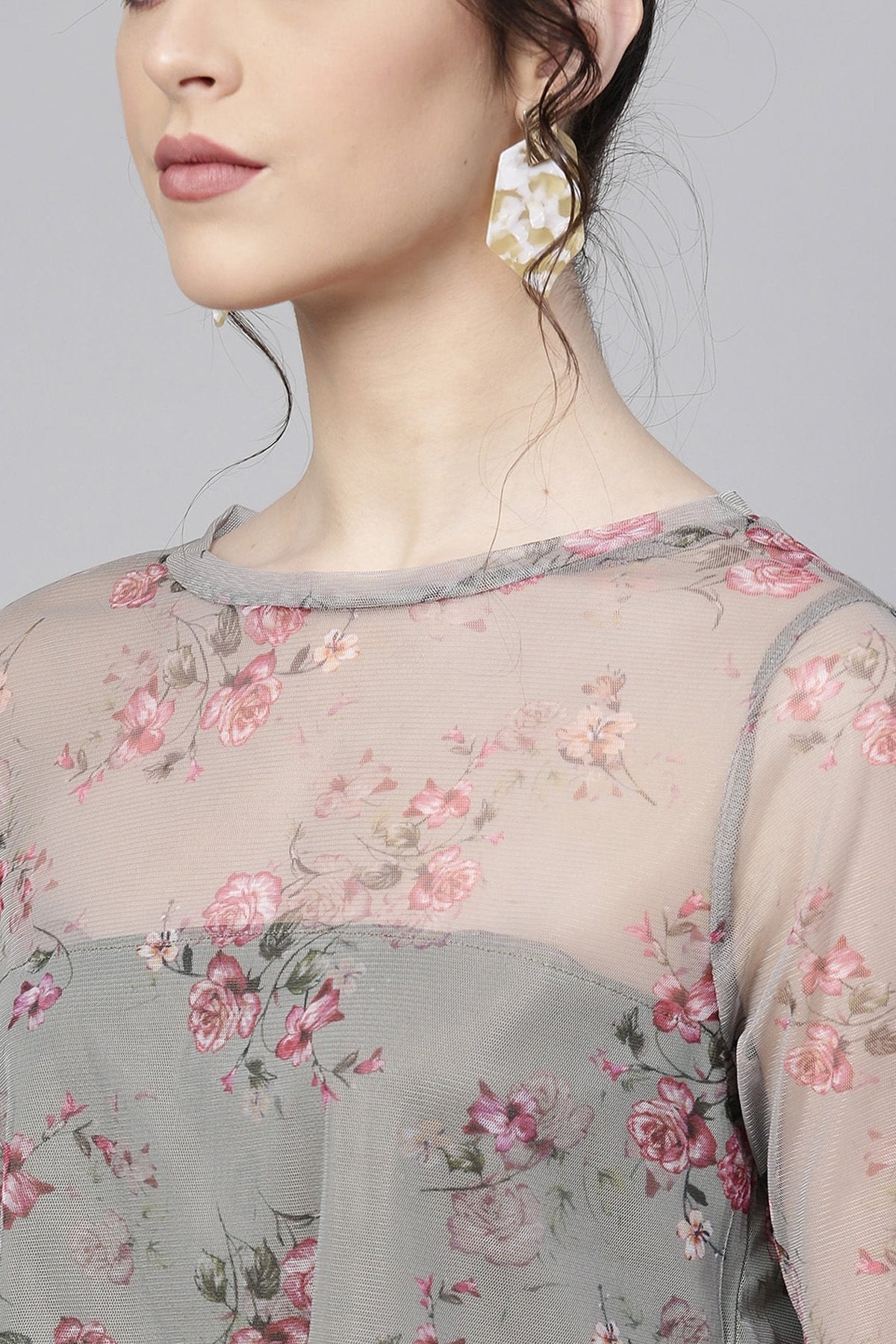 Women's Olive Mesh Floral Boxy Crop Top