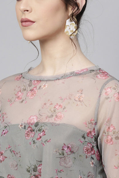 Women's Olive Mesh Floral Boxy Crop Top