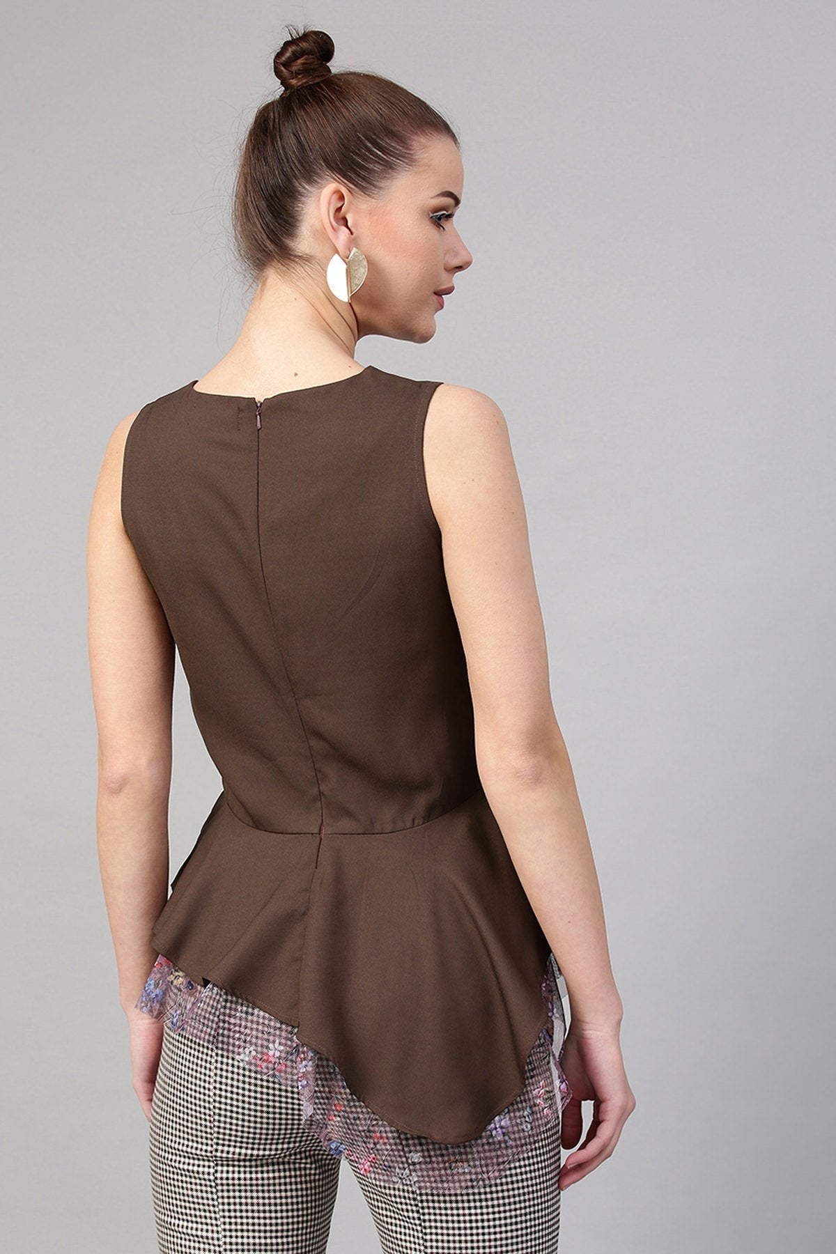 Women's Brown Mesh Floral Asymmetrical Peplum Top