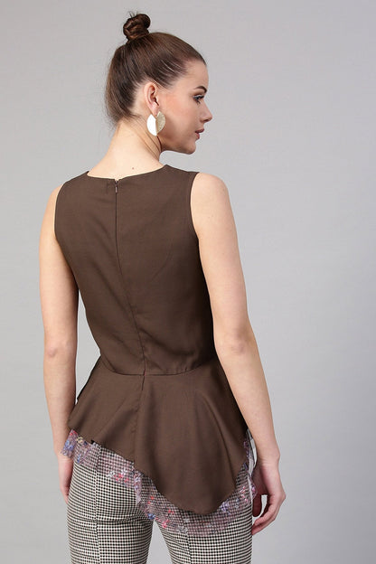 Women's Brown Mesh Floral Asymmetrical Peplum Top