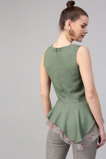 Women's Olive Mesh Floral Asymmetrical Peplum Top