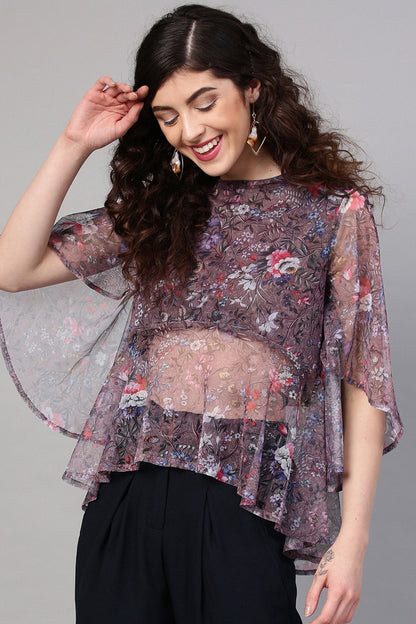 Women's Brown Mesh Floral Cape Sleeve Top