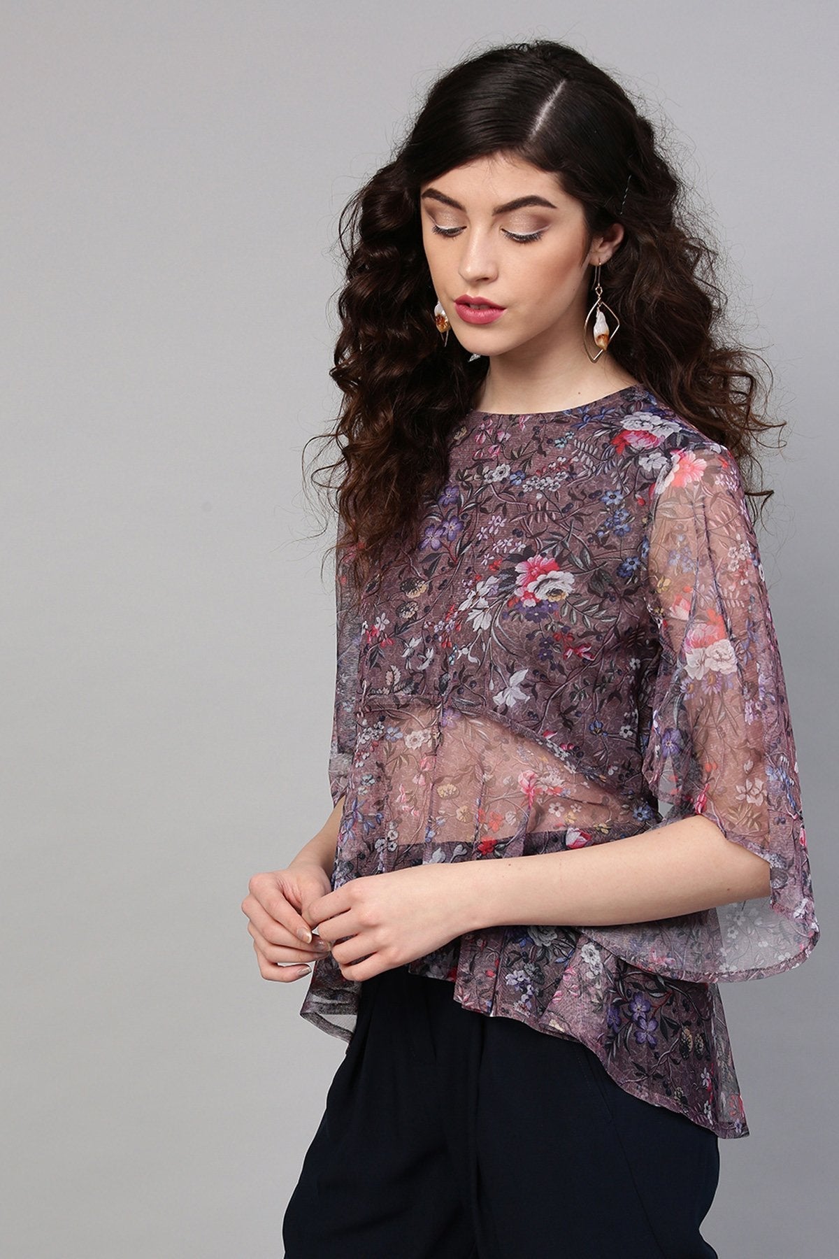 Women's Brown Mesh Floral Cape Sleeve Top