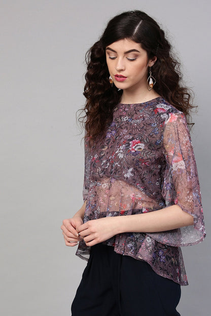 Women's Brown Mesh Floral Cape Sleeve Top
