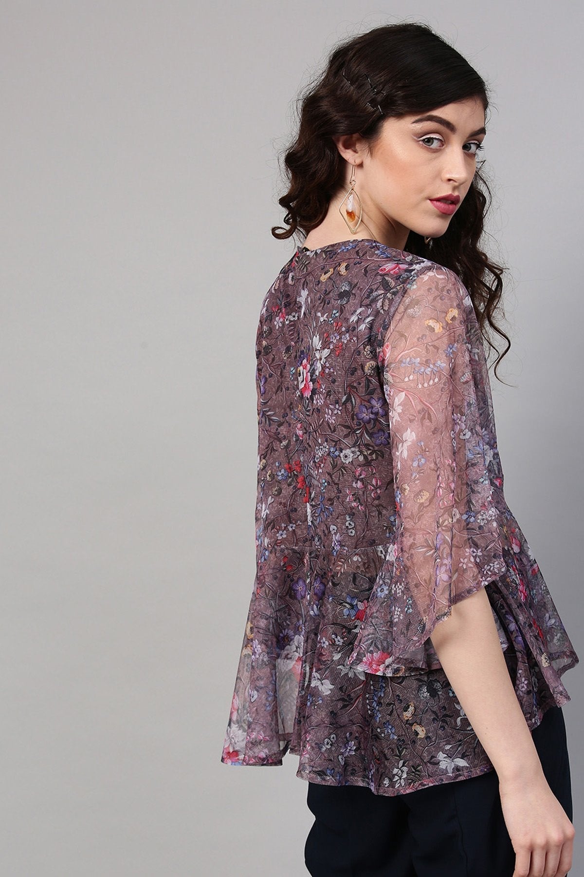 Women's Brown Mesh Floral Cape Sleeve Top