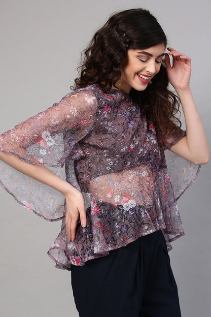 Women's Brown Mesh Floral Cape Sleeve Top