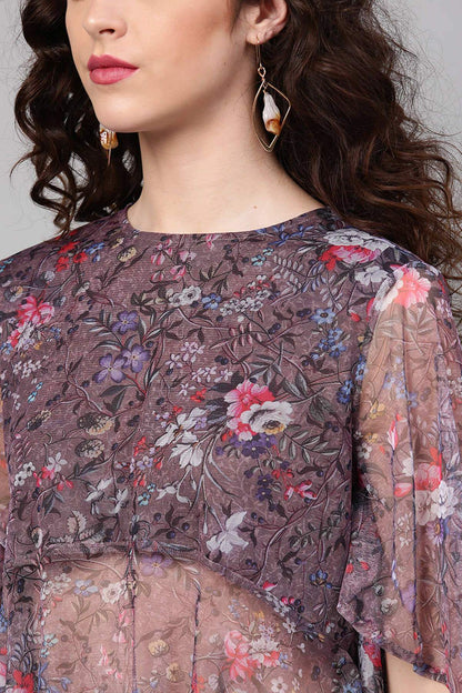 Women's Brown Mesh Floral Cape Sleeve Top