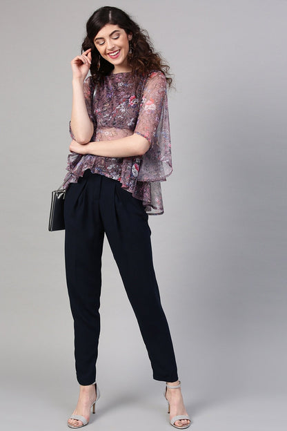 Women's Brown Mesh Floral Cape Sleeve Top